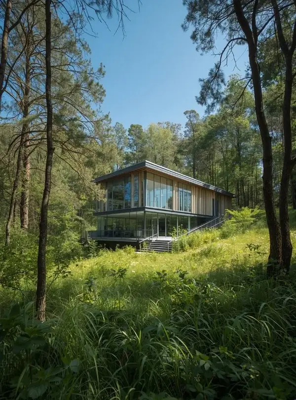 Bâtiment de recherche intégré dans la forêt