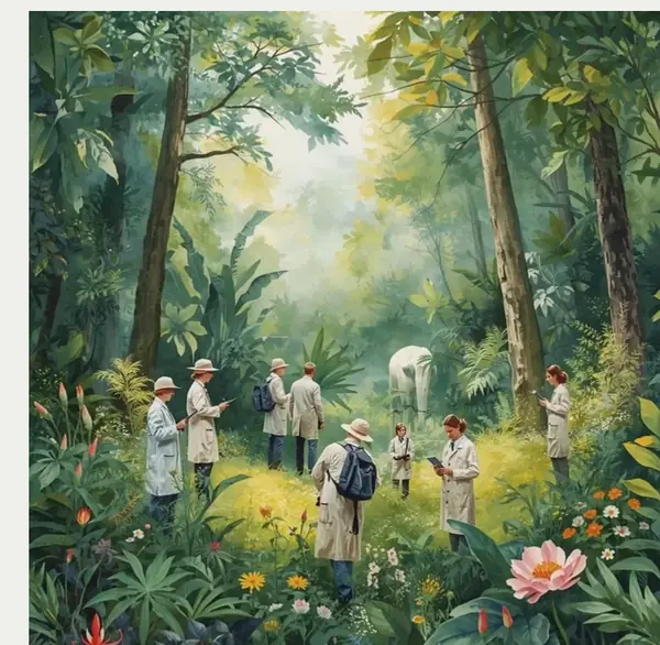 Chercheurs en forêt, études terrain - aquarelle