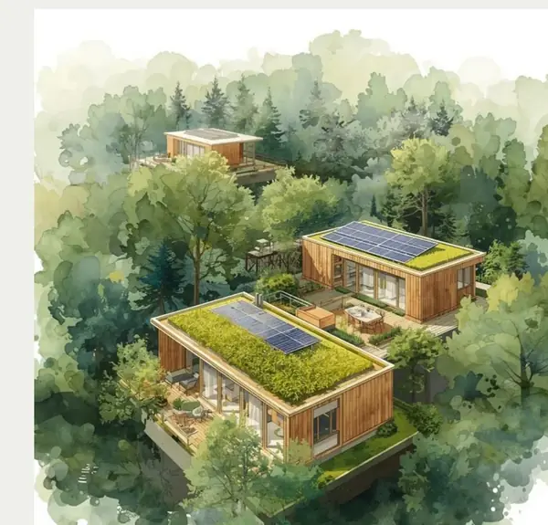 Bâtiments durables, toits végétalisés et panneaux solaires - aquarelle