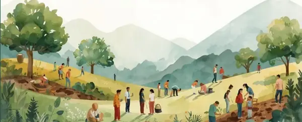 Paysage panoramique, communauté plantant des arbres - aquarelle